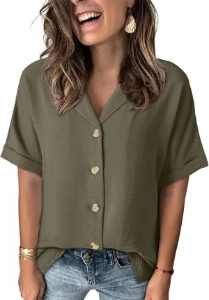 Dokotoo Women's Dressy Casual V Neck Short Sleeve Button Down Shirts Relaxed Work Business Loose Blouses Tops