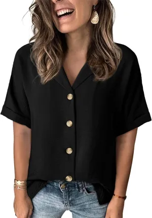 Dokotoo Women's Dressy Casual V Neck Short Sleeve Button Down Shirts Relaxed Work Business Loose Blouses Tops