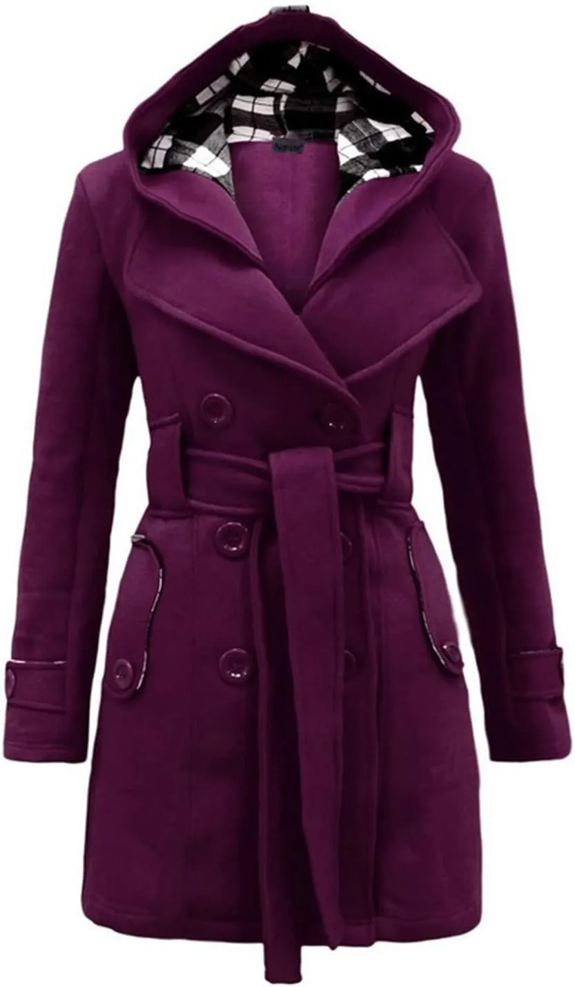 Double Breasted Trench Coats for Women 2024 Winter Wool Blend Lining Peacoats Mid-Length Hooded Jackets with Belt