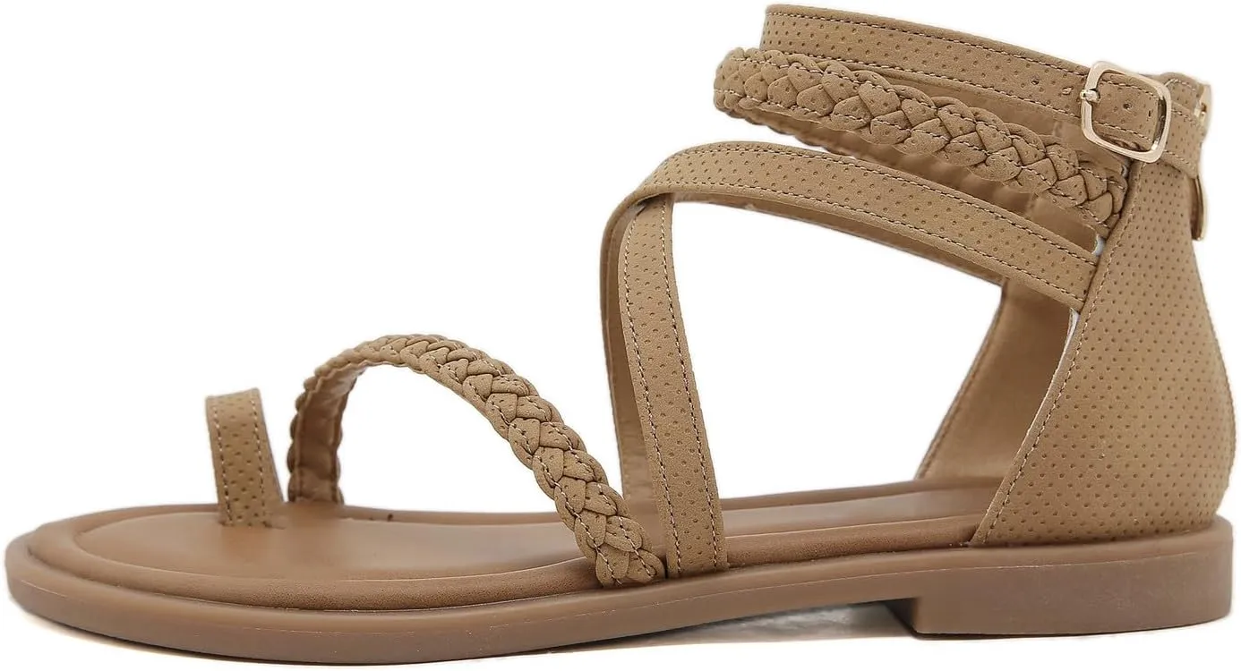 Dress Sandals for Women 2025 Zipper Bohemian Flat Sandals Fashion Ring Toe Beach Walking Shoes