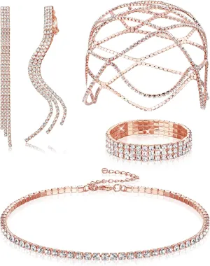 Drperfect Women Rhinestone Jewelry Set Flapper Cap Headpiece Head Jewelry Chains Stretch Bracelet Choker Necklace Dangle Fringe Earrings Silver Accessories for Wedding Jewelry