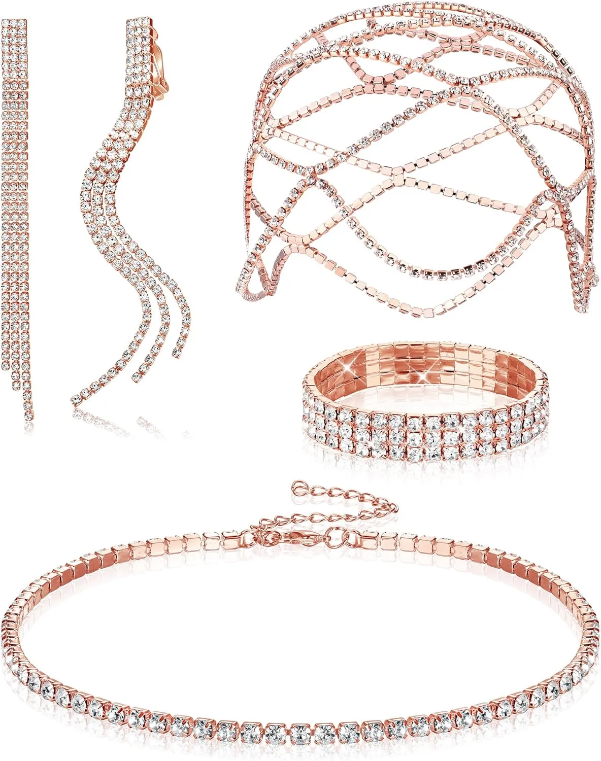 Drperfect Women Rhinestone Jewelry Set Flapper Cap Headpiece Head Jewelry Chains Stretch Bracelet Choker Necklace Dangle Fringe Earrings Silver Accessories for Wedding Jewelry