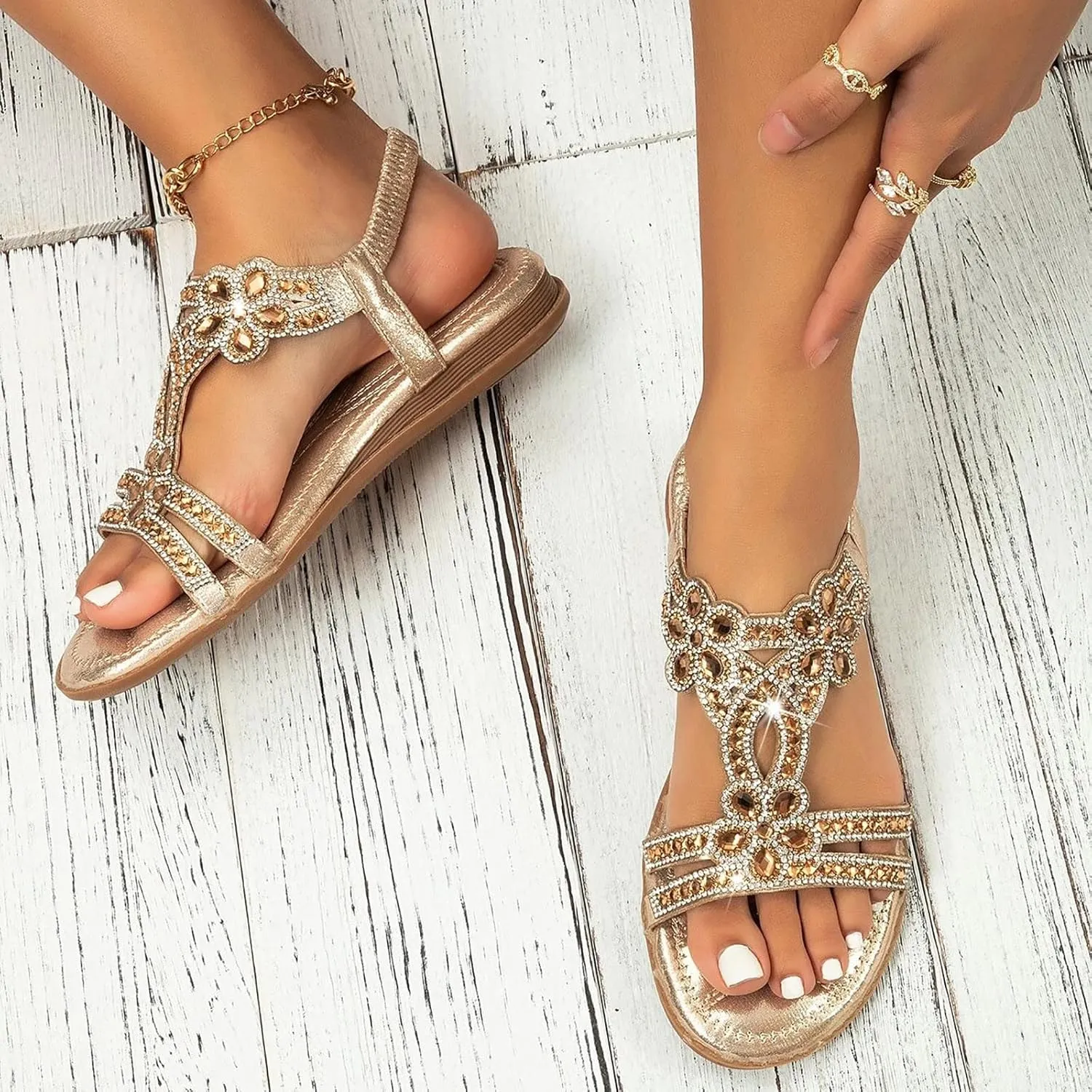 Eduavar Orthopedic Sandals for Women, Sandals Women Fashion Bohemia Crystal Open Toe Low Wedge Sandals Breathable Sandals