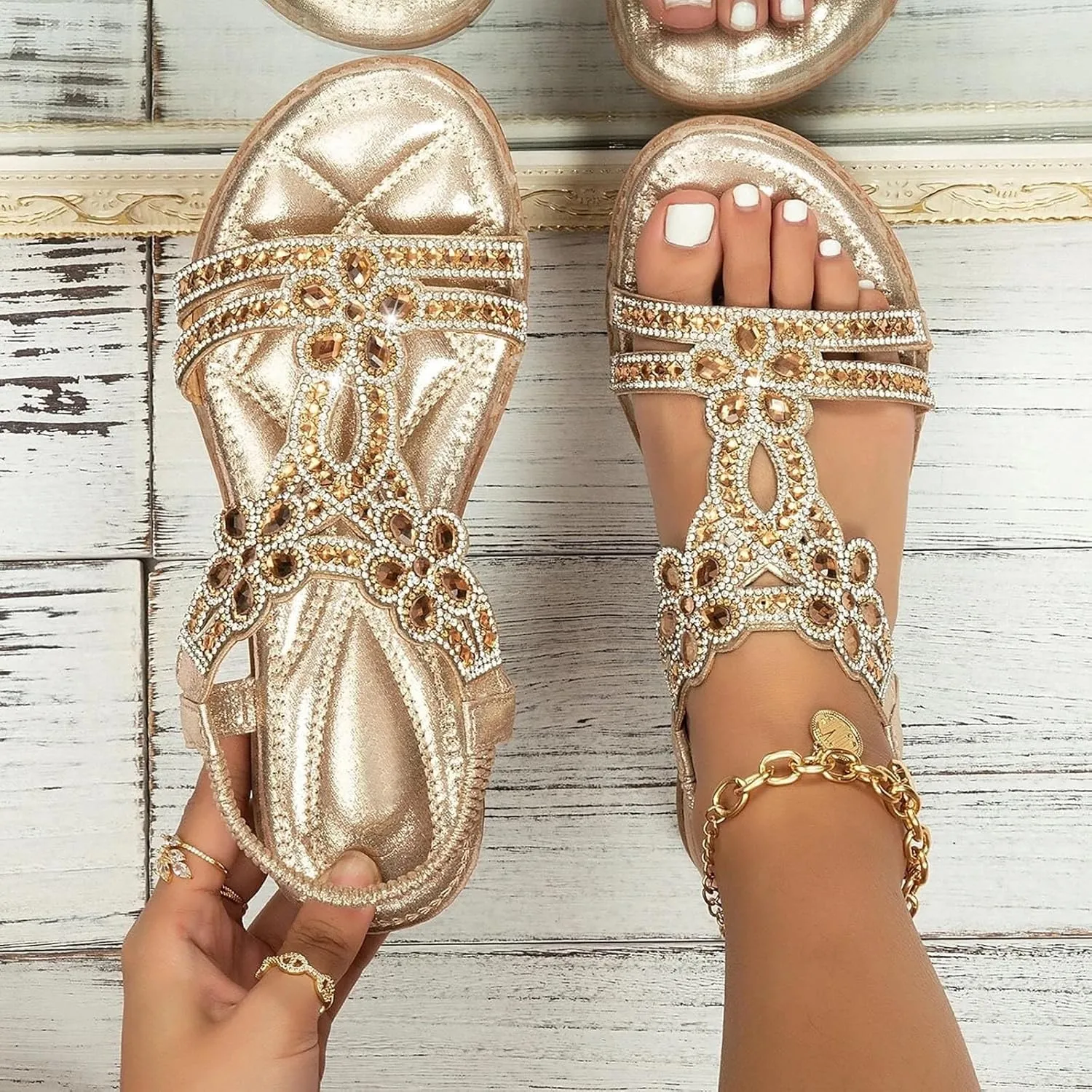Eduavar Orthopedic Sandals for Women, Sandals Women Fashion Bohemia Crystal Open Toe Low Wedge Sandals Breathable Sandals