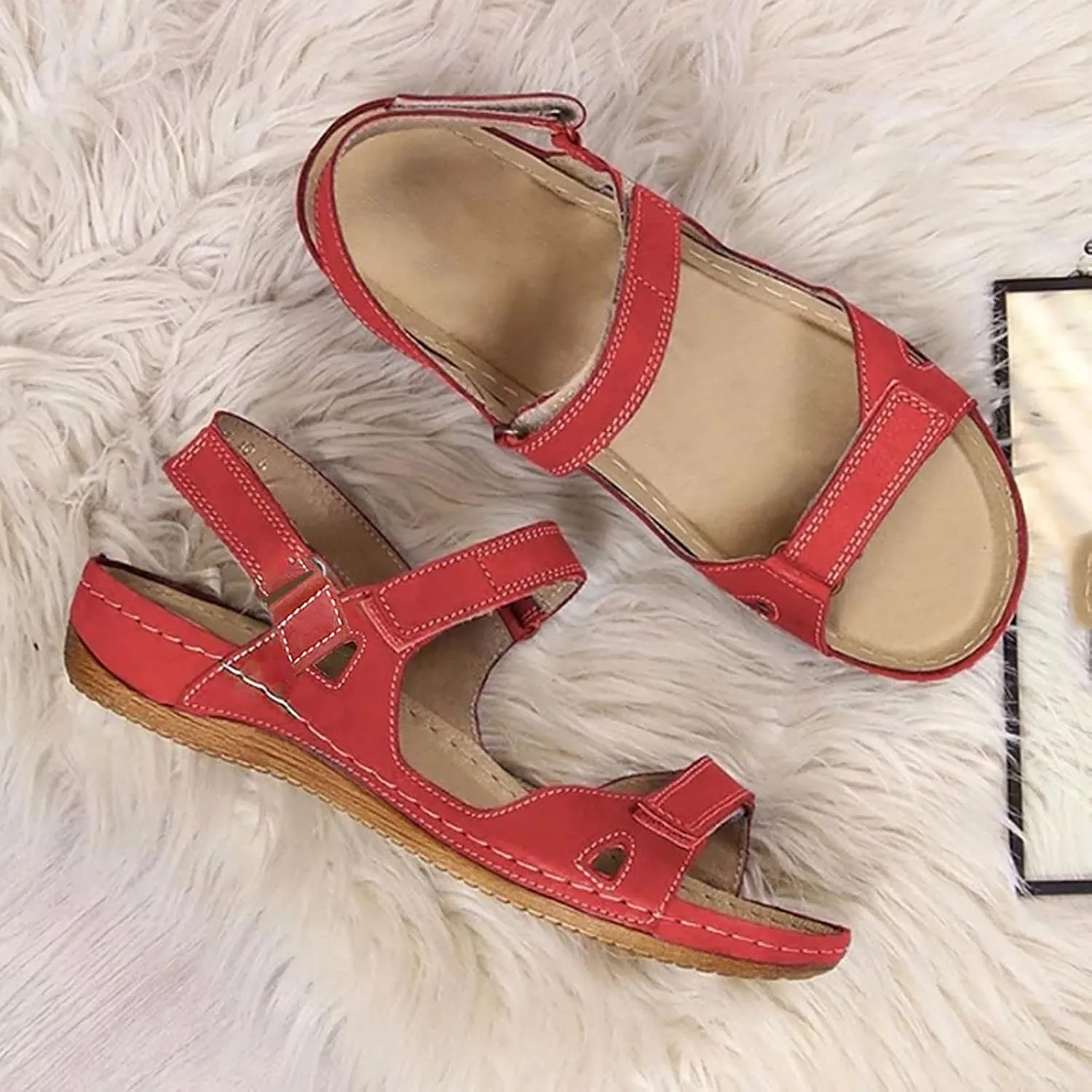 Eduavar Summer Sandals for Women, Sandals Women Comfortable Low Wedge Sandals Ankle Strap Sandals Peep Toe Shoes