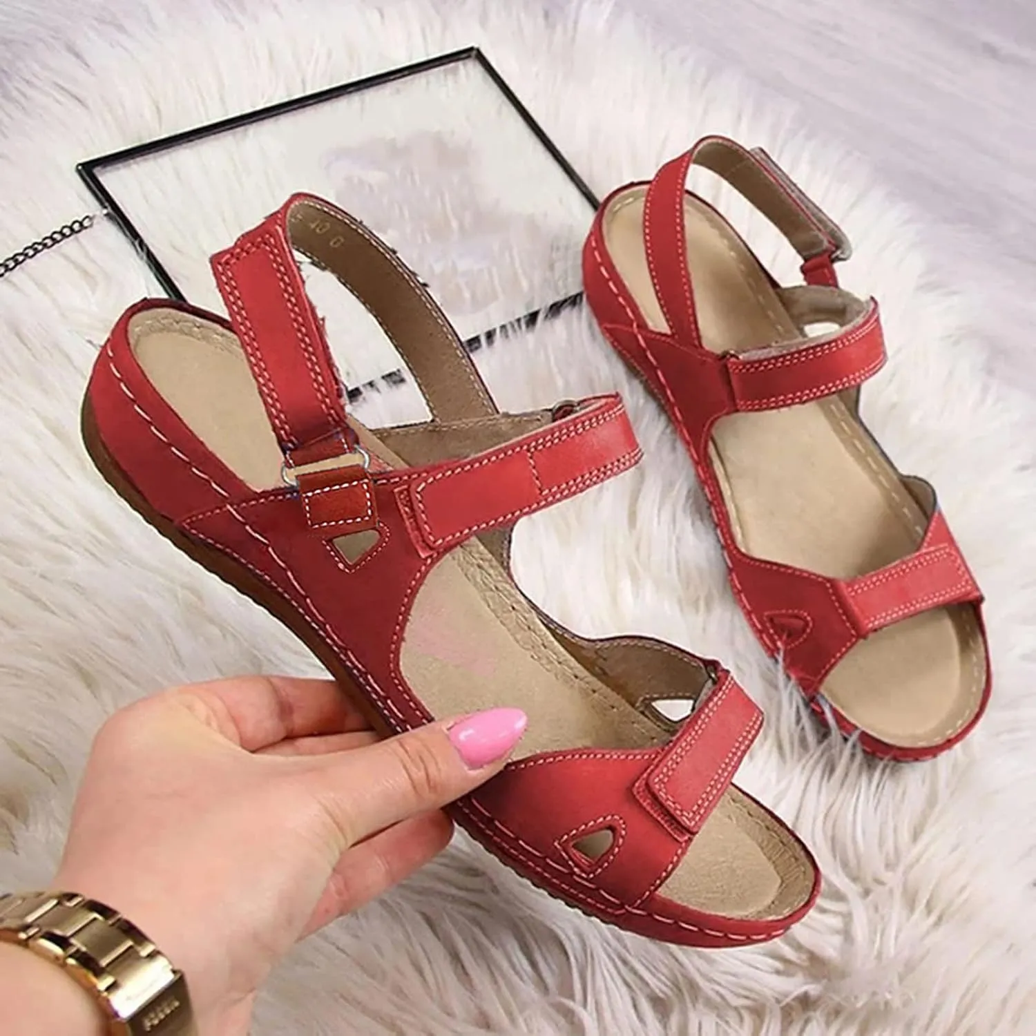 Eduavar Summer Sandals for Women, Sandals Women Comfortable Low Wedge Sandals Ankle Strap Sandals Peep Toe Shoes