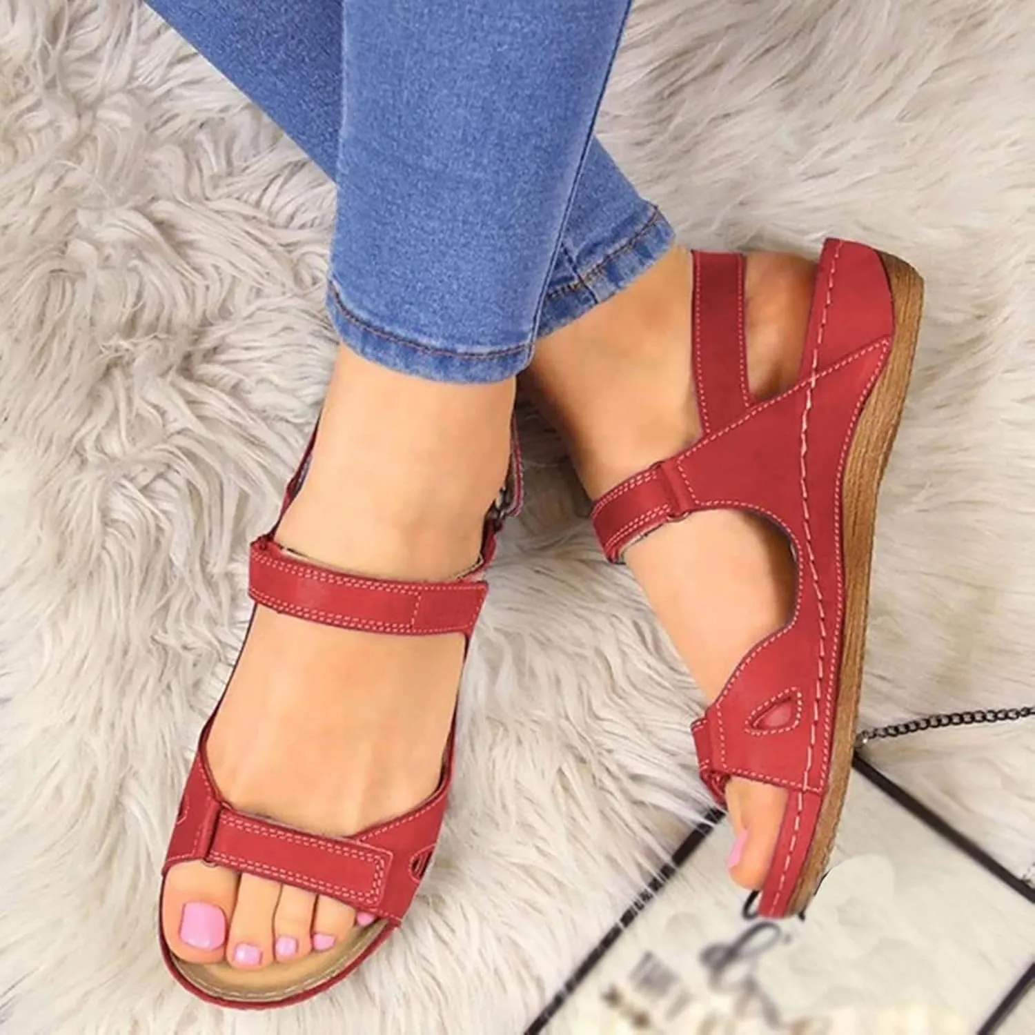 Eduavar Summer Sandals for Women, Sandals Women Comfortable Low Wedge Sandals Ankle Strap Sandals Peep Toe Shoes