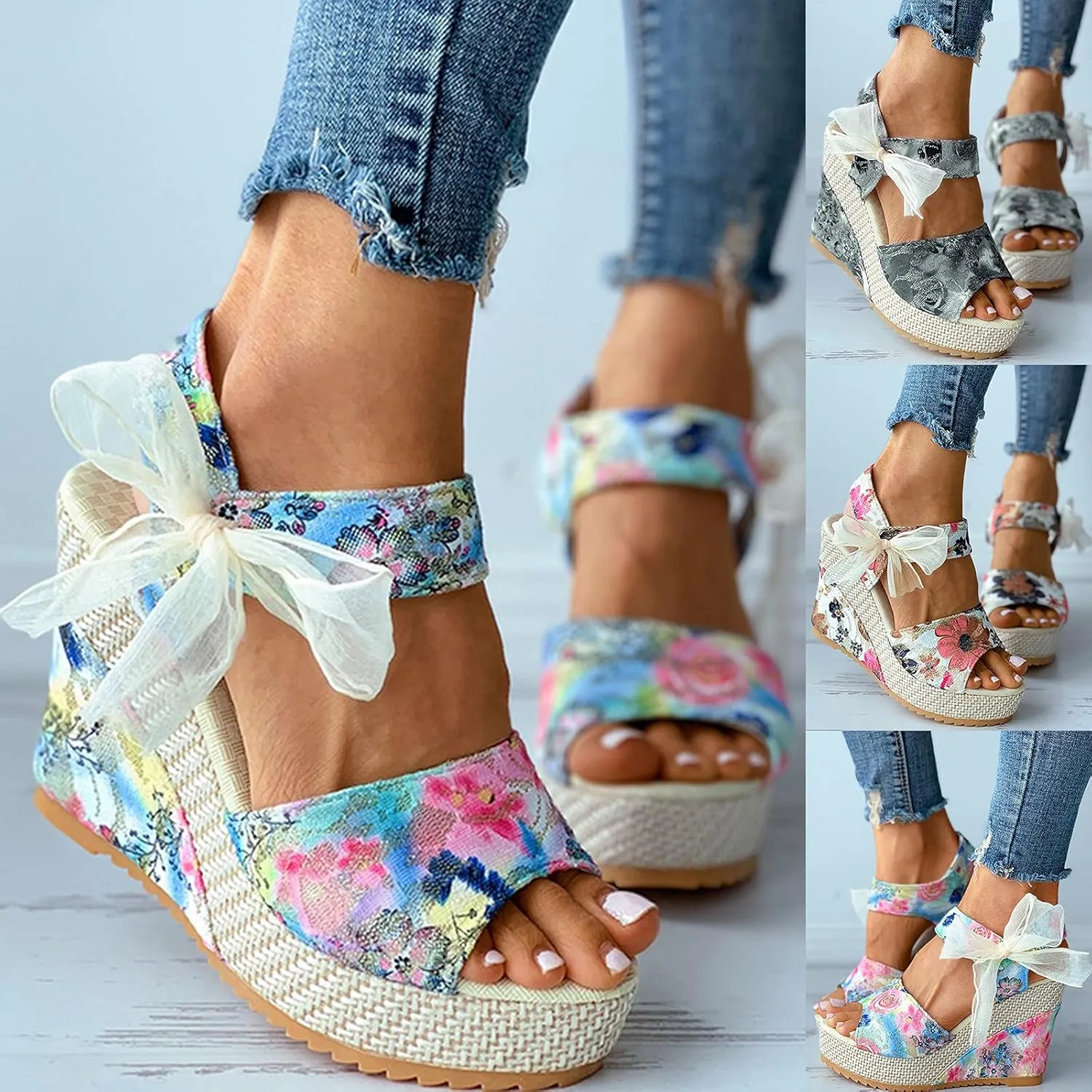 Eduavar Wedge Sandals for Women, Sandals for Women Summer Beach Sandals Floral Shoes Casual Ring Toe Flat Sandals