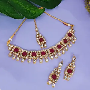 Efulgenz Kundan Set Indian Jewelry Sets for Women Bollywood Jewelry Kundan Crystal Choker Necklace Dangle Earrings Maang Tikka Head Chain Wedding Bridal Jewelry for Women