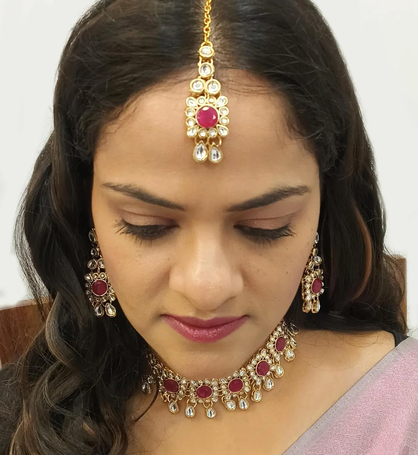 Efulgenz Kundan Set Indian Jewelry Sets for Women Bollywood Jewelry Kundan Crystal Choker Necklace Dangle Earrings Maang Tikka Head Chain Wedding Bridal Jewelry for Women