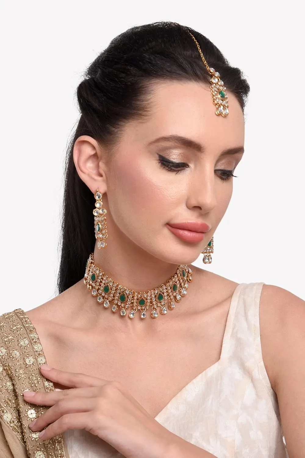 Efulgenz Kundan Set Indian Jewelry Sets for Women Bollywood Jewelry Kundan Crystal Choker Necklace Dangle Earrings Maang Tikka Head Chain Wedding Bridal Jewelry for Women