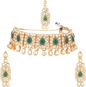 Efulgenz Kundan Set Indian Jewelry Sets for Women Bollywood Jewelry Kundan Crystal Choker Necklace Dangle Earrings Maang Tikka Head Chain Wedding Bridal Jewelry for Women