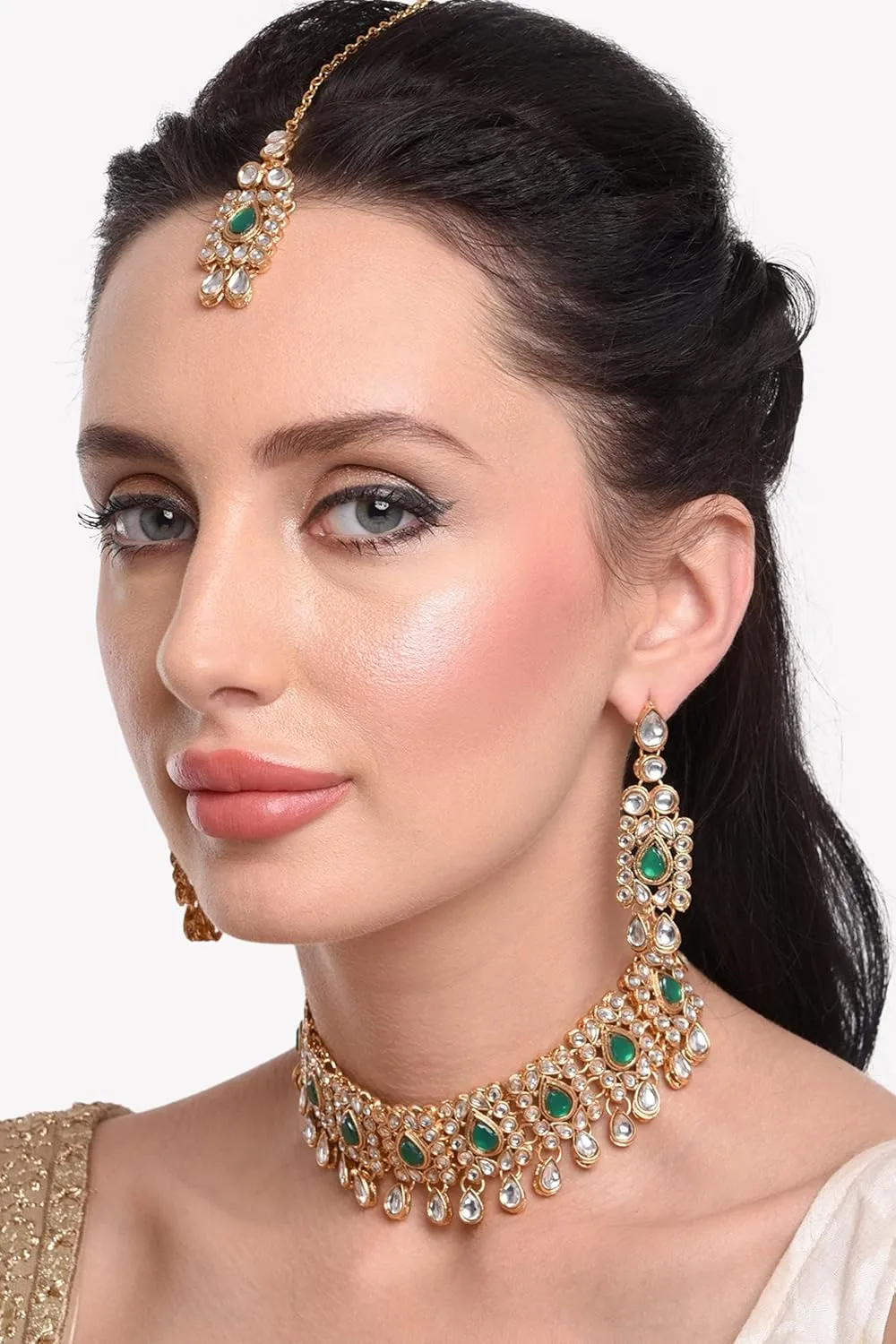 Efulgenz Kundan Set Indian Jewelry Sets for Women Bollywood Jewelry Kundan Crystal Choker Necklace Dangle Earrings Maang Tikka Head Chain Wedding Bridal Jewelry for Women