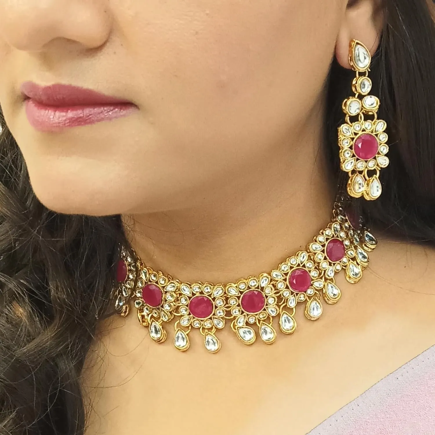 Efulgenz Kundan Set Indian Jewelry Sets for Women Bollywood Jewelry Kundan Crystal Choker Necklace Dangle Earrings Maang Tikka Head Chain Wedding Bridal Jewelry for Women