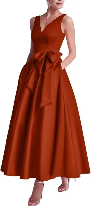 Eightale Satin Mother of The Bride Dresses with Bow Tea Length A Line Formal Prom Evening Gowns
