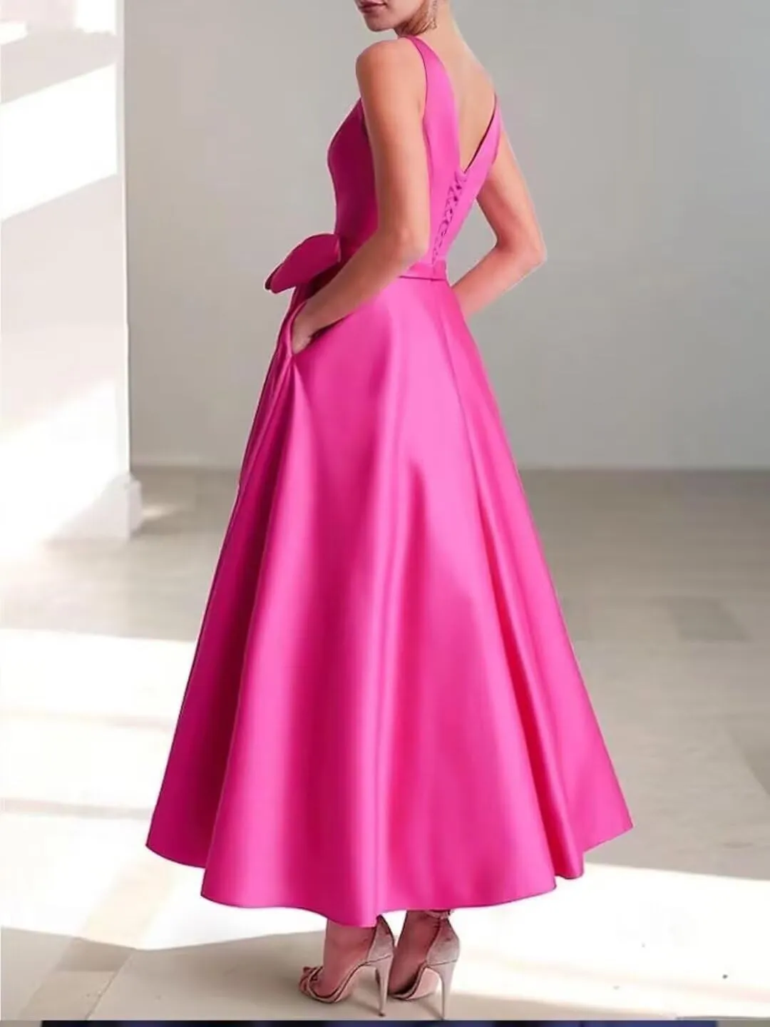 Eightale Satin Mother of The Bride Dresses with Bow Tea Length A Line Formal Prom Evening Gowns