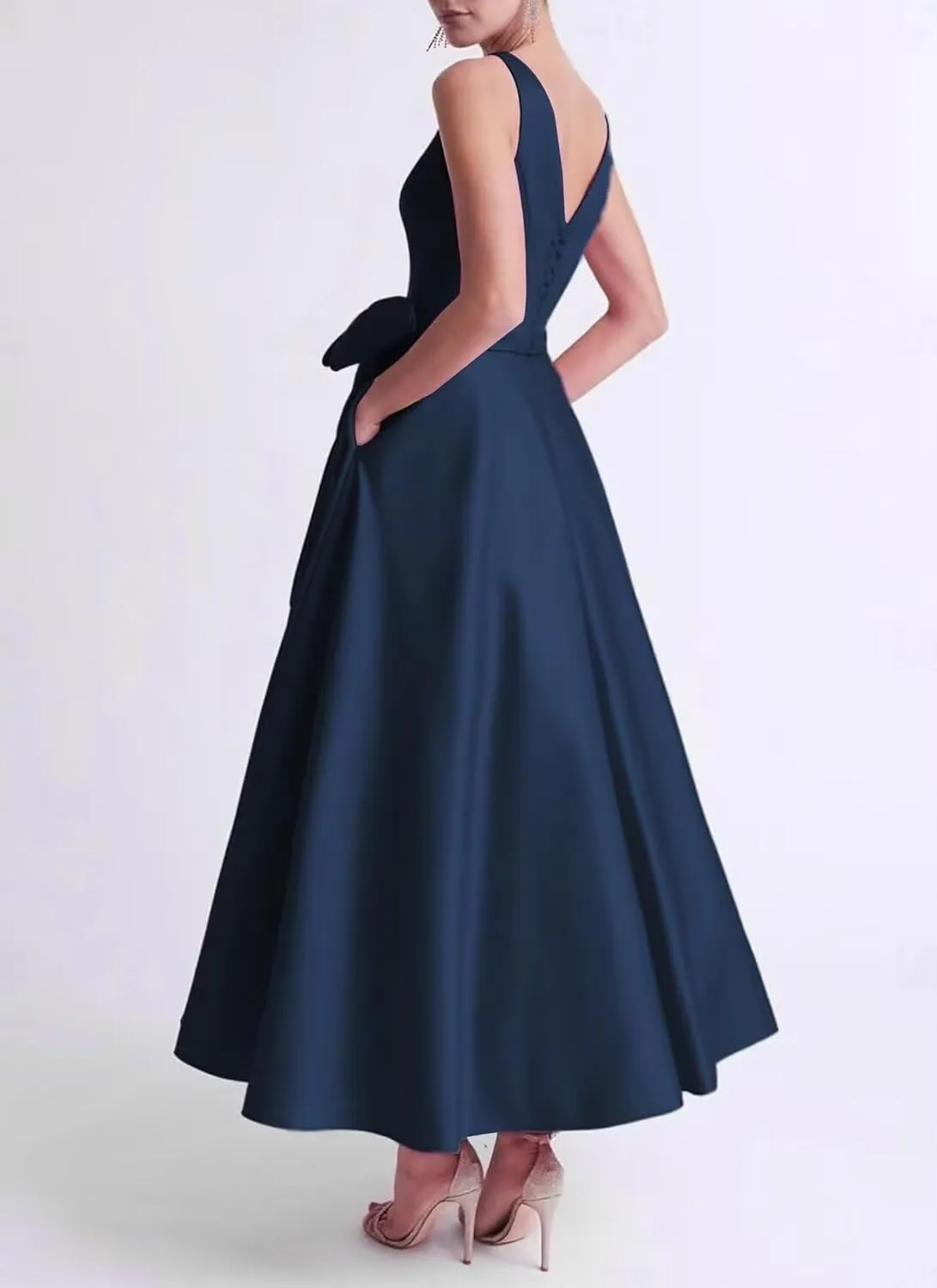 Eightale Satin Mother of The Bride Dresses with Bow Tea Length A Line Formal Prom Evening Gowns