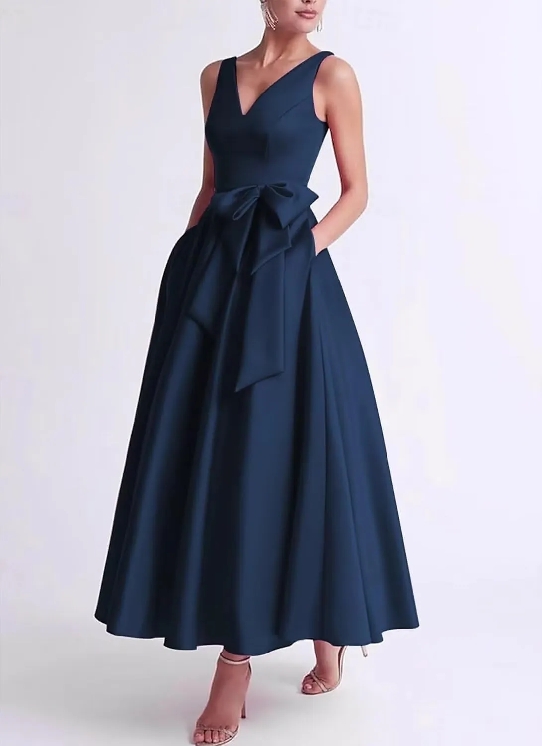 Eightale Satin Mother of The Bride Dresses with Bow Tea Length A Line Formal Prom Evening Gowns