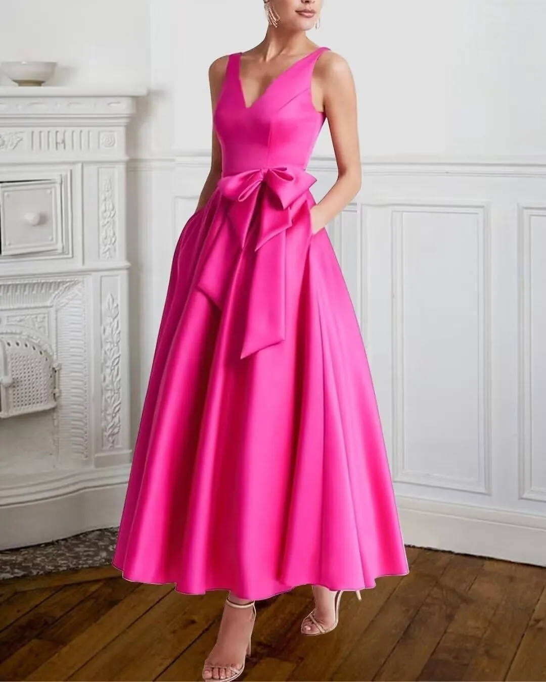 Eightale Satin Mother of The Bride Dresses with Bow Tea Length A Line Formal Prom Evening Gowns