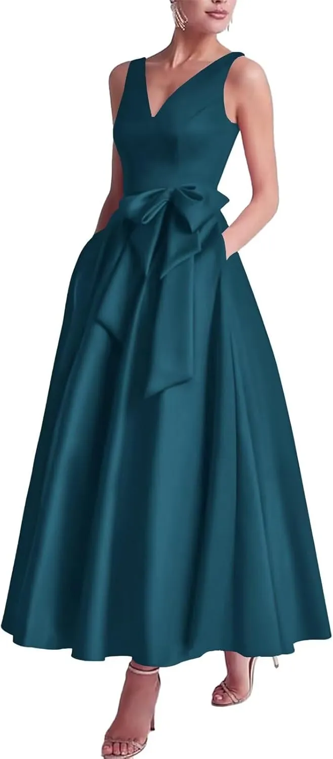 Eightale Satin Mother of The Bride Dresses with Bow Tea Length A Line Formal Prom Evening Gowns