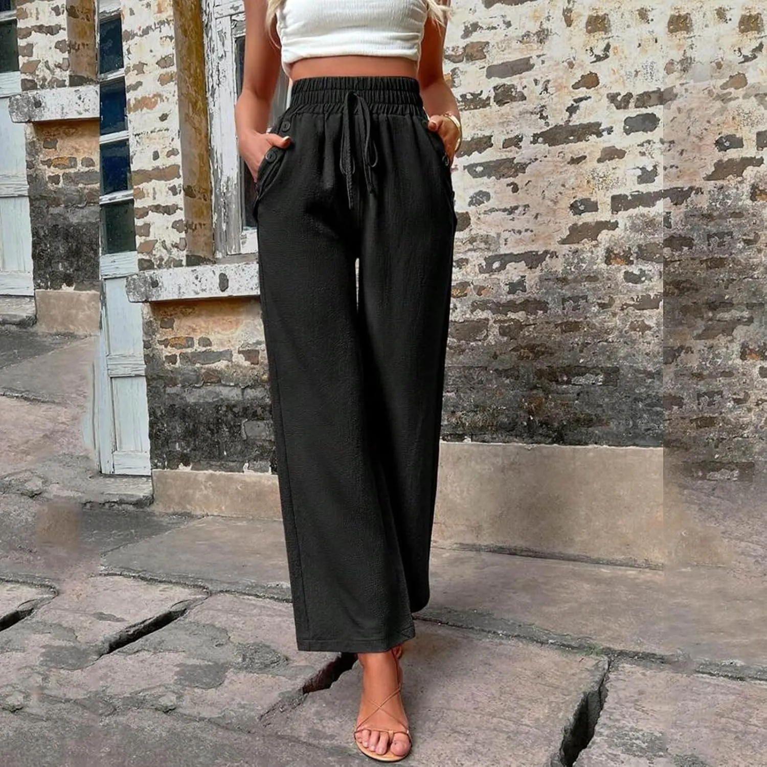 Elastic High Waisted Loose Pants Woman Relaxed Fit Baggy Clothes Black Demin Pants High Women Cargo Pants with