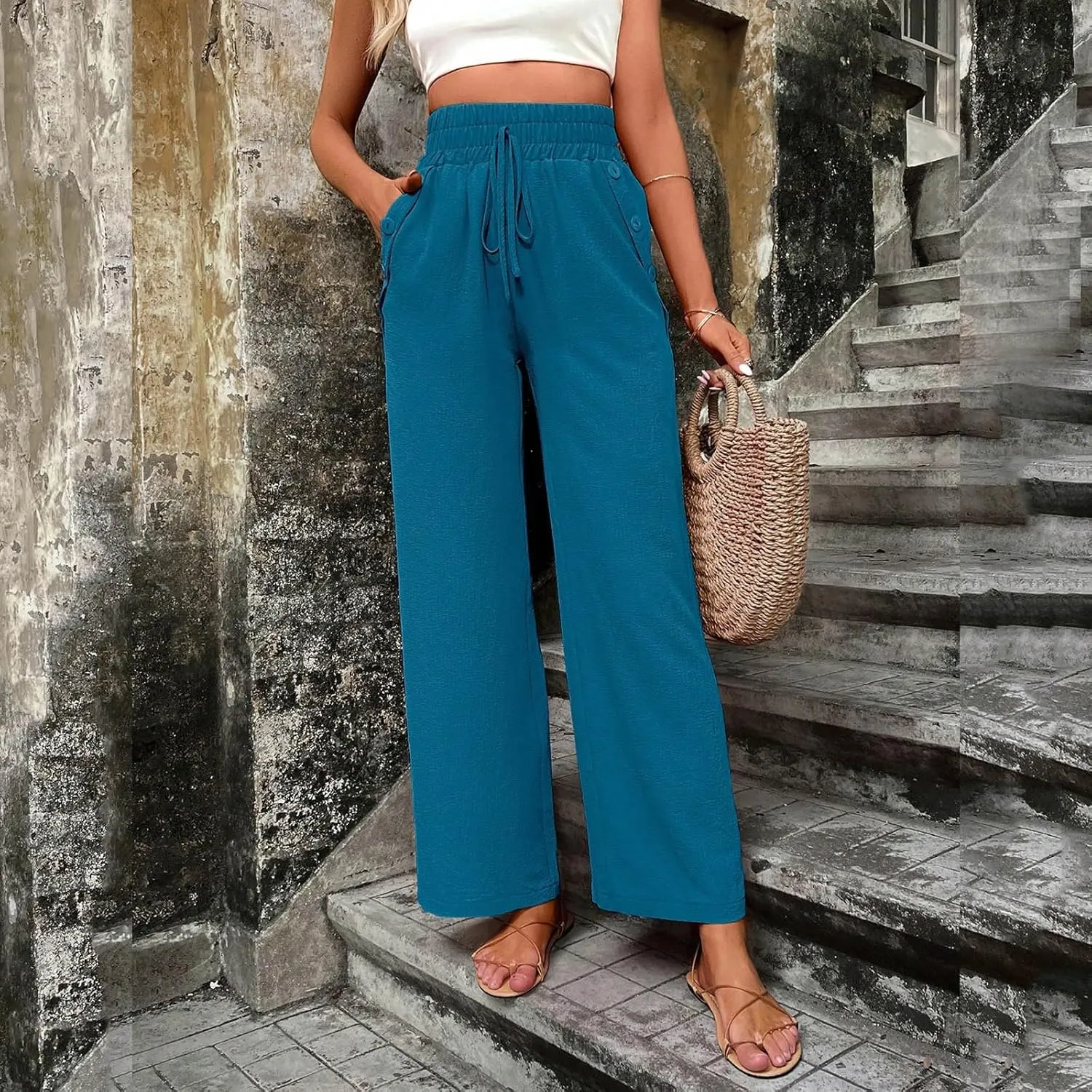 Elastic High Waisted Loose Pants Woman Relaxed Fit Baggy Clothes Black Demin Pants High Women Cargo Pants with