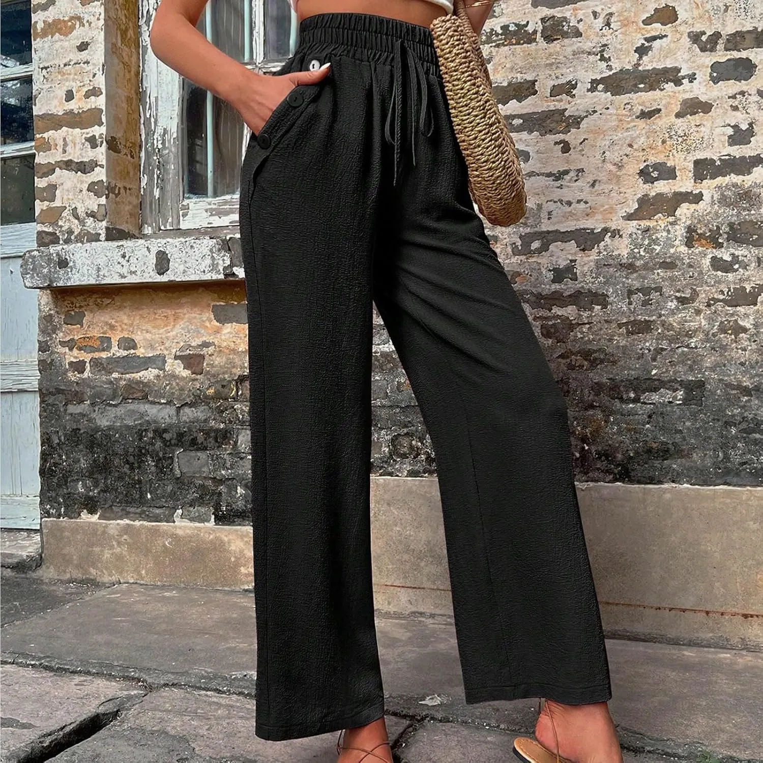 Elastic High Waisted Loose Pants Woman Relaxed Fit Baggy Clothes Black Demin Pants High Women Cargo Pants with