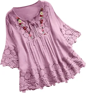 Embroidered Tops for Women Plus Size Vintage Lace Patchwork Bow V-Neck Tops Half Sleeve Boho Cute Mexican T-Shirt