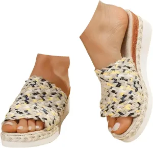 Espadrille Wedge Sandals for Women,Women's Comfortable Slide Sandals Arch Support Walking Platform Slippers Women Summer Dressy Sandal Slip-On Espadrilles Slides Raffia Beach Bohe Shoes