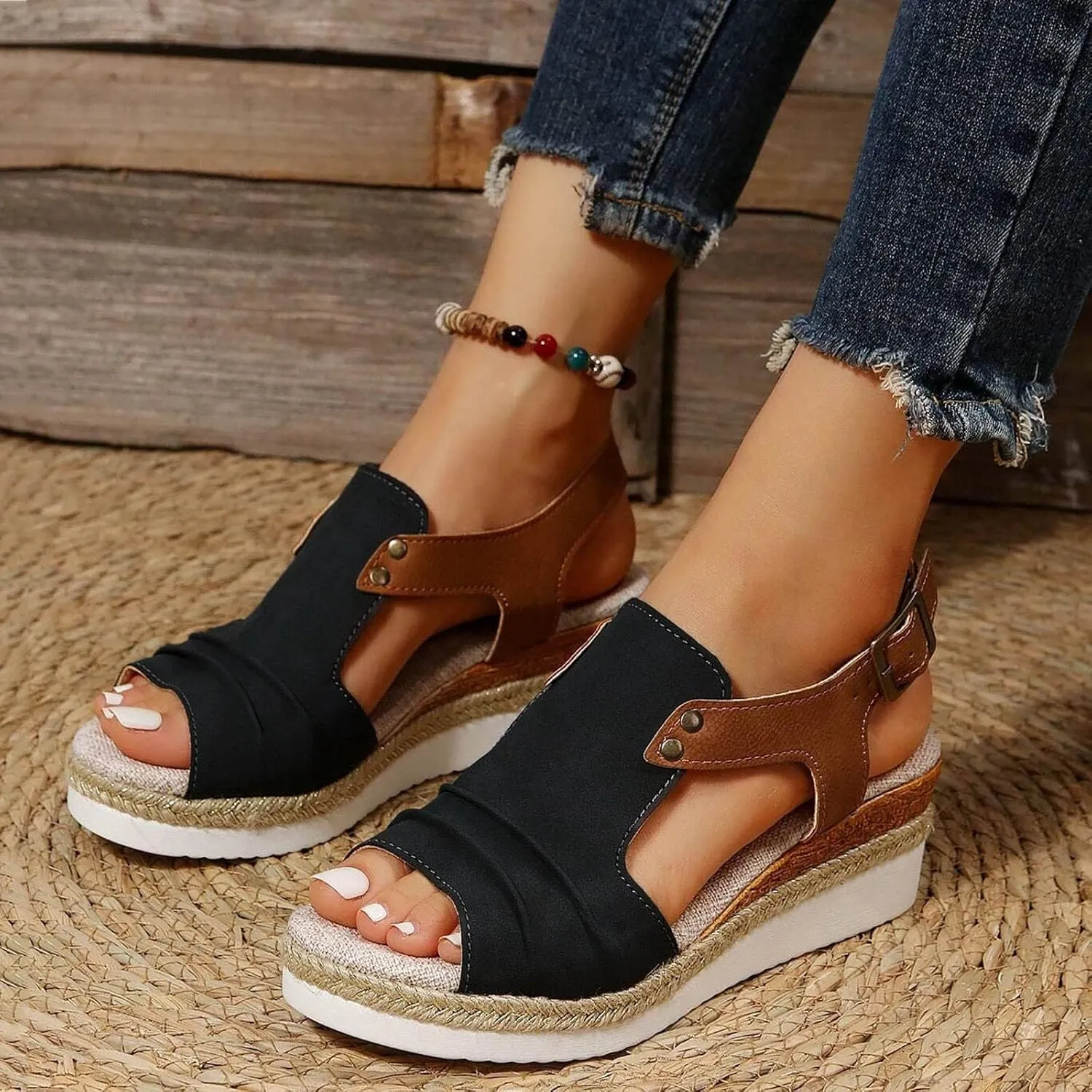 Espadrilles Wedge Sandals for Women,Open Toe Sandals Women Summer Dressy 2025 Comfortable Low Wedge Sandals Casual Slip On Sandals Strappy Sandals Fashion Platform Wedge Sandals Sandalias De Mujer