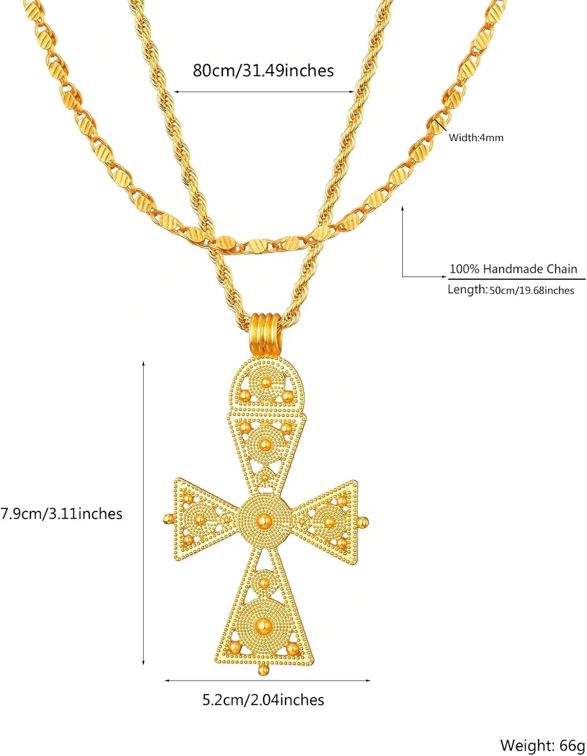 Ethiopian Cross Necklace 24K Gold Plated Pendant Habesha Jewelry for Women Coptic Crosses Jewelry