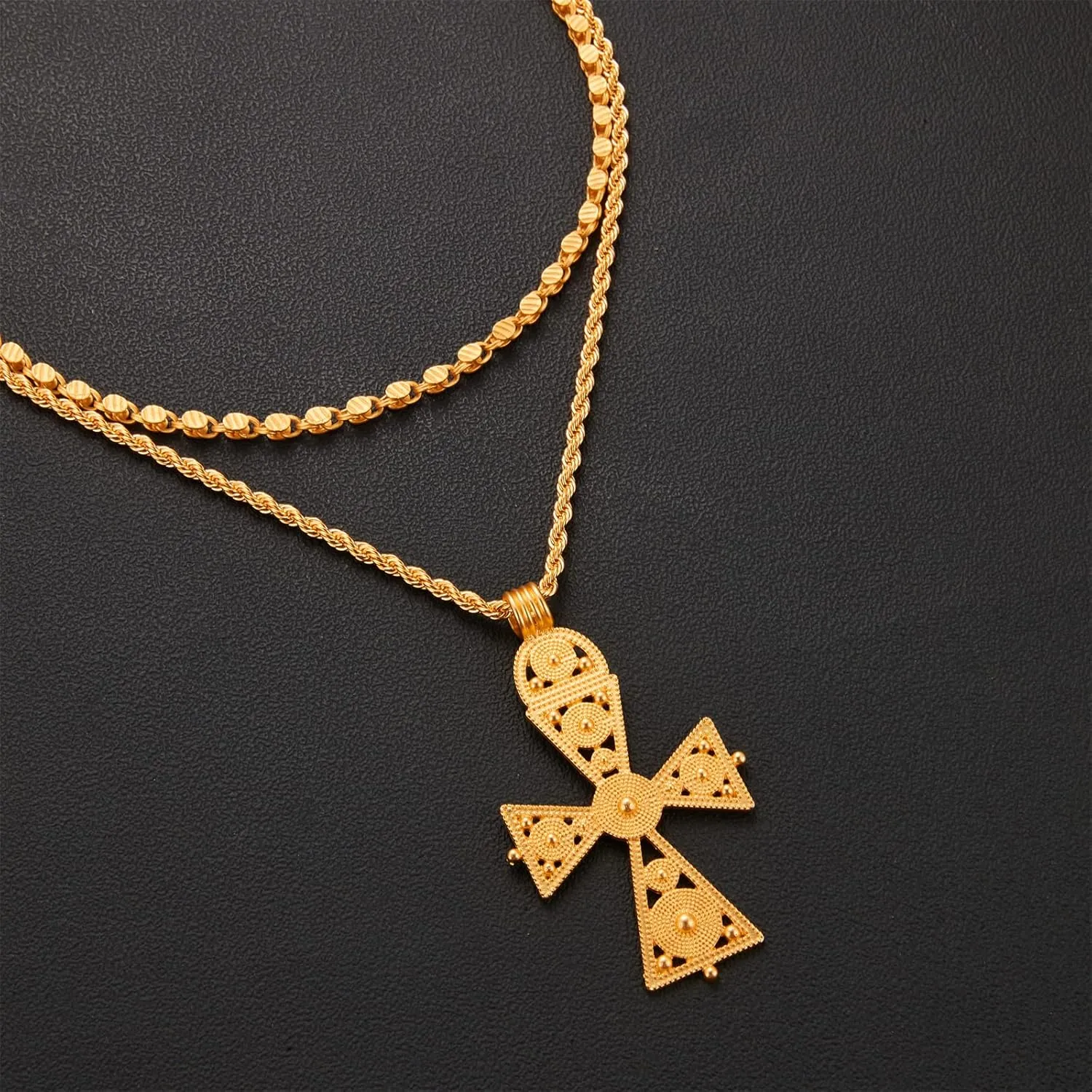 Ethiopian Cross Necklace 24K Gold Plated Pendant Habesha Jewelry for Women Coptic Crosses Jewelry