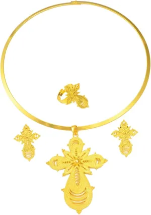 Ethiopian Jewelry - Ethiopian Jewelry for Women Set - Ethiopian Cross - Ethiopian Big Cross Jewelry Sets Round Choker Earrings Resizable Ring African Eritrean Religion Wedding Party