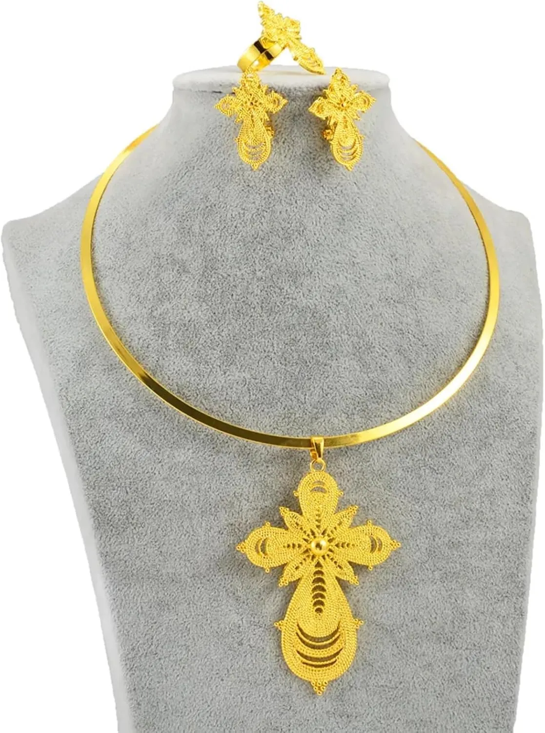 Ethiopian Jewelry - Ethiopian Jewelry for Women Set - Ethiopian Cross - Ethiopian Big Cross Jewelry Sets Round Choker Earrings Resizable Ring African Eritrean Religion Wedding Party