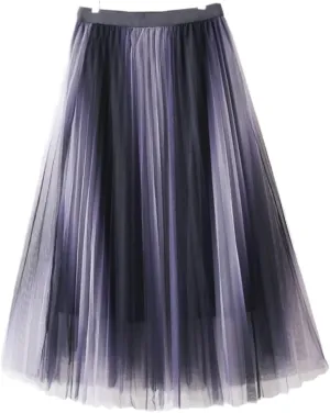Fahsion Midi Tulle Skirt Women Vintage Contrast Gradient Color A Line High Waist Pleated Long Mesh Skirt Female Korean