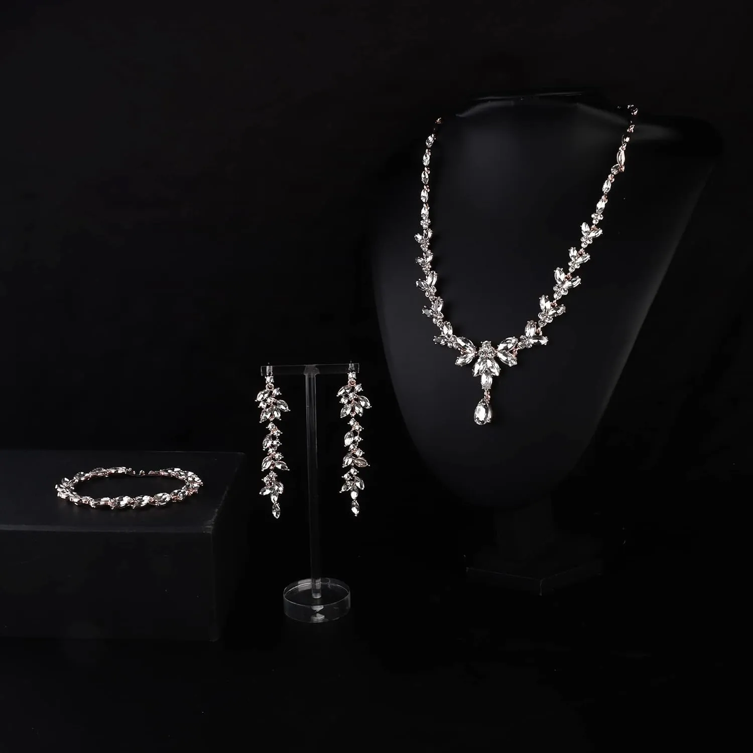 FIASASO Prom Jewelry Set Necklace Dangle Earrings Bracelet Bride Bridesmaid Crystal Bridal Jewelry Set for Wedding Rhinestone Engagement Party Prom Jewelry Set for Women