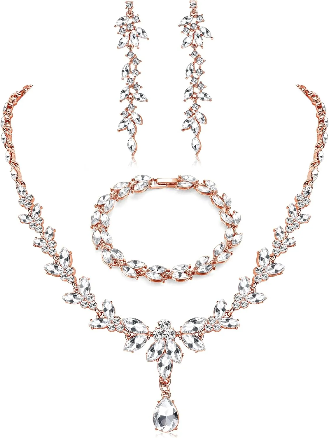 FIASASO Prom Jewelry Set Necklace Dangle Earrings Bracelet Bride Bridesmaid Crystal Bridal Jewelry Set for Wedding Rhinestone Engagement Party Prom Jewelry Set for Women