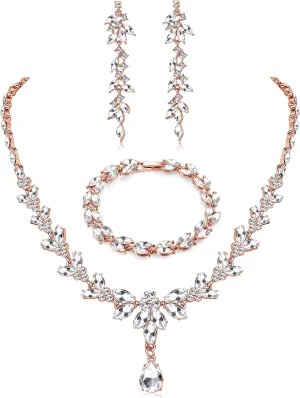 FIASASO Prom Jewelry Set Necklace Dangle Earrings Bracelet Bride Bridesmaid Crystal Bridal Jewelry Set for Wedding Rhinestone Engagement Party Prom Jewelry Set for Women