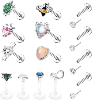 FIBO STEEL 14 PCS 16G Tragus Piercing Jewelry Medusa Piercing Jewelry Labret Jewelry Conch Helix Piercing Jewelry Tragus Earrings for Women Surgical Steel Screw Back Flat Back Earrings Threadless Nose Stud Lip Rings