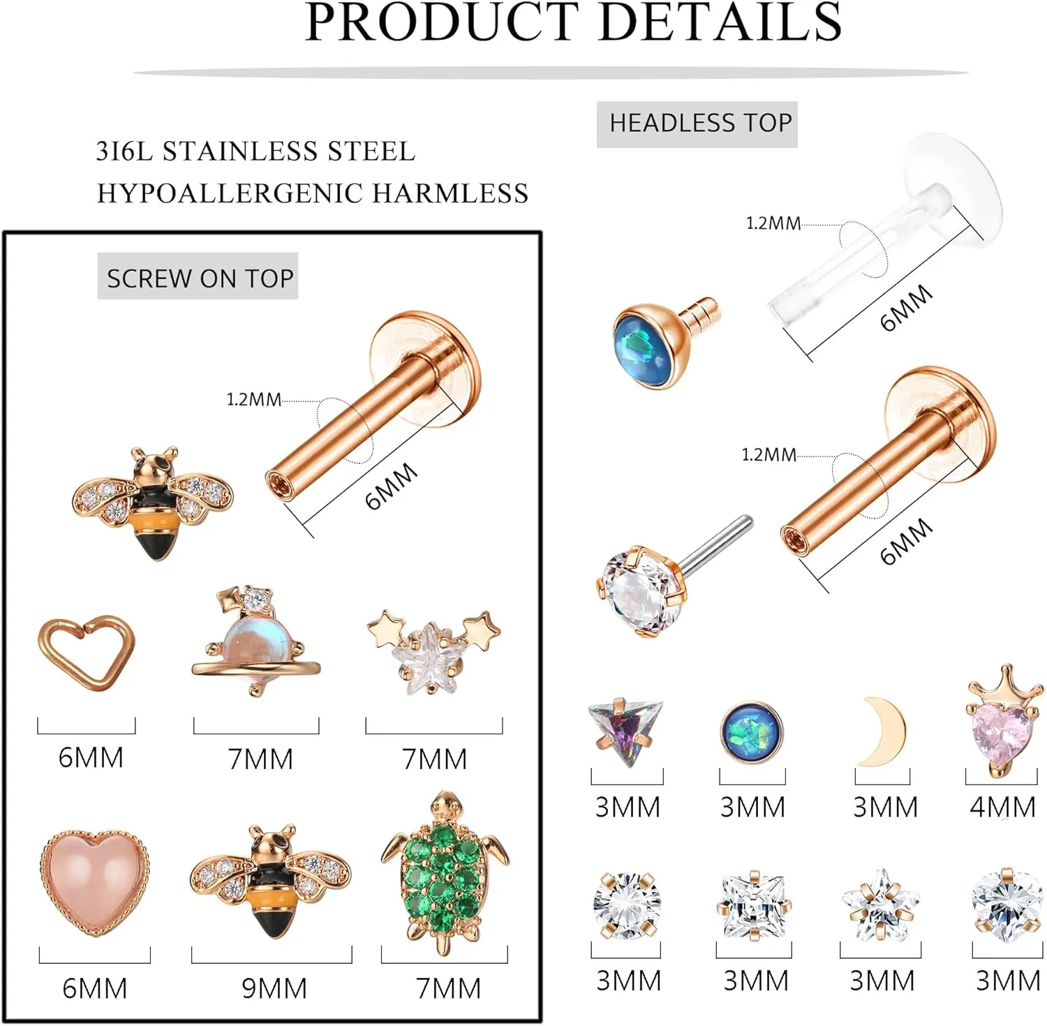 FIBO STEEL 14 PCS 16G Tragus Piercing Jewelry Medusa Piercing Jewelry Labret Jewelry Conch Helix Piercing Jewelry Tragus Earrings for Women Surgical Steel Screw Back Flat Back Earrings Threadless Nose Stud Lip Rings