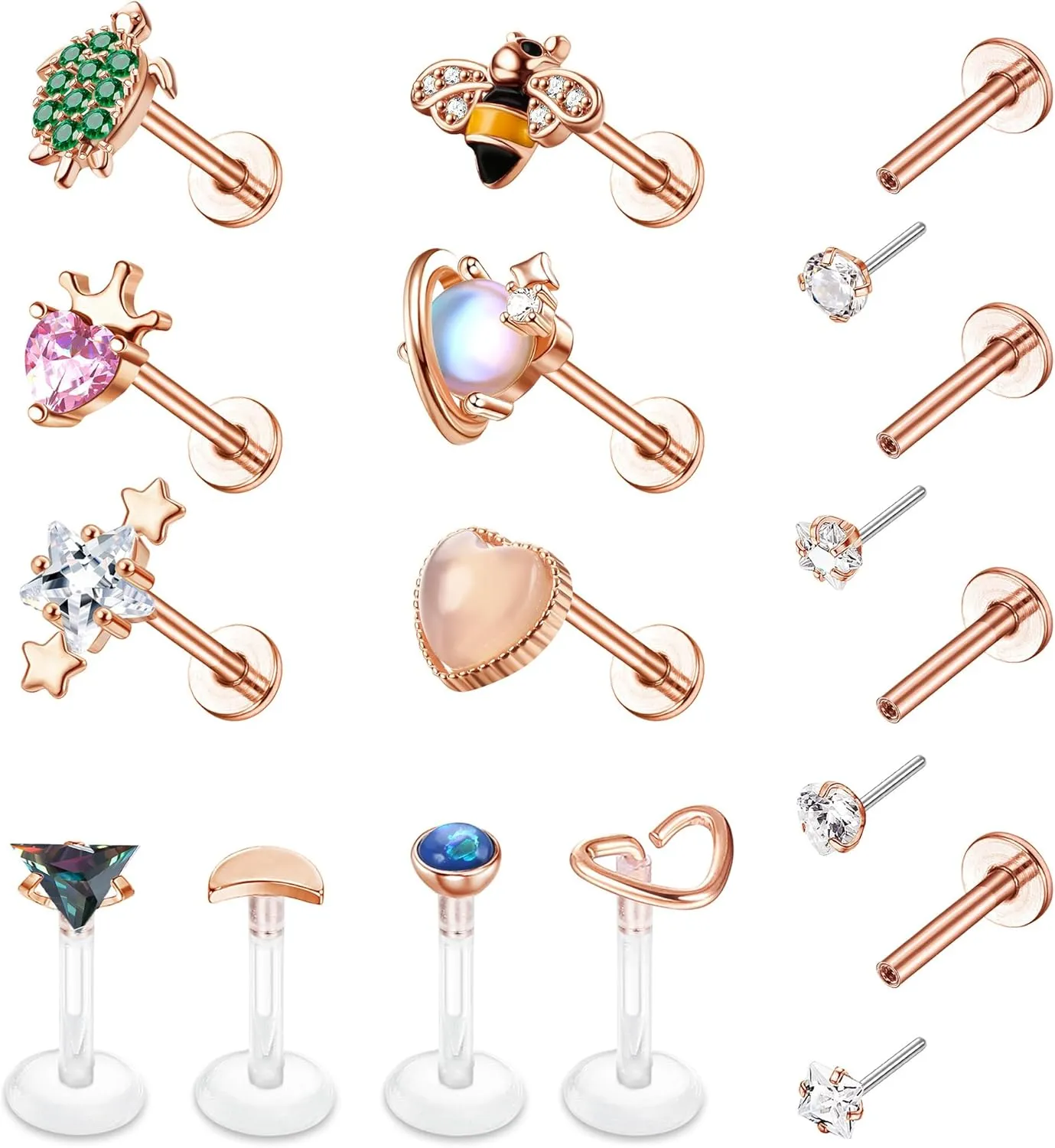 FIBO STEEL 14 PCS 16G Tragus Piercing Jewelry Medusa Piercing Jewelry Labret Jewelry Conch Helix Piercing Jewelry Tragus Earrings for Women Surgical Steel Screw Back Flat Back Earrings Threadless Nose Stud Lip Rings