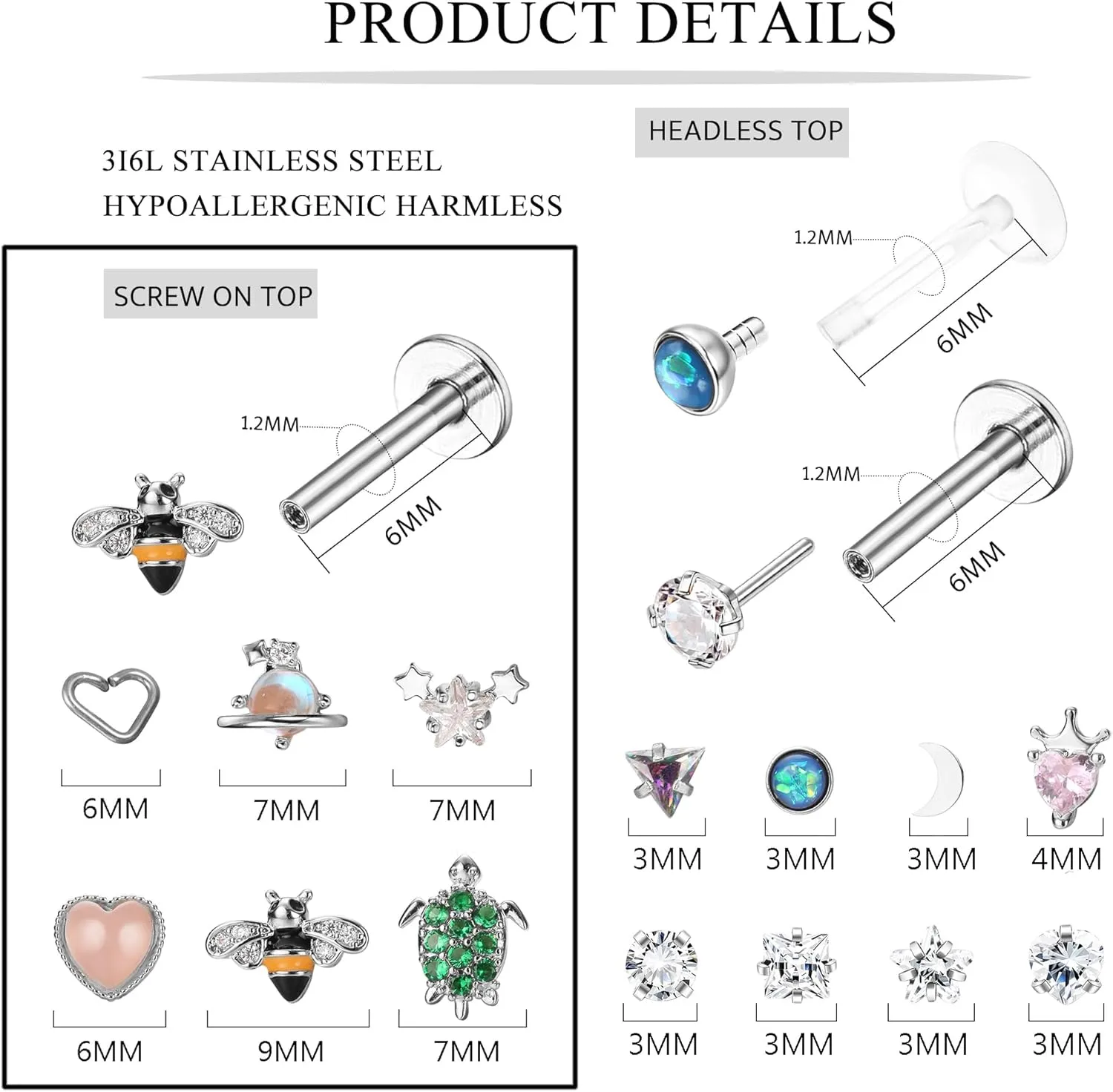 FIBO STEEL 14 PCS 16G Tragus Piercing Jewelry Medusa Piercing Jewelry Labret Jewelry Conch Helix Piercing Jewelry Tragus Earrings for Women Surgical Steel Screw Back Flat Back Earrings Threadless Nose Stud Lip Rings