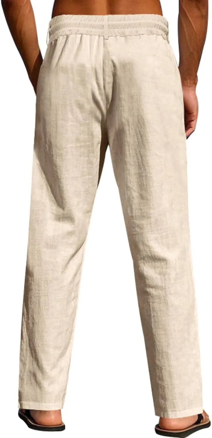 Finelylove Mens Linen Pants Elastic Waist Drawstring Lightweight Casual Pants Relaxed Fit Summer Beach Lounge Travel Trousers
