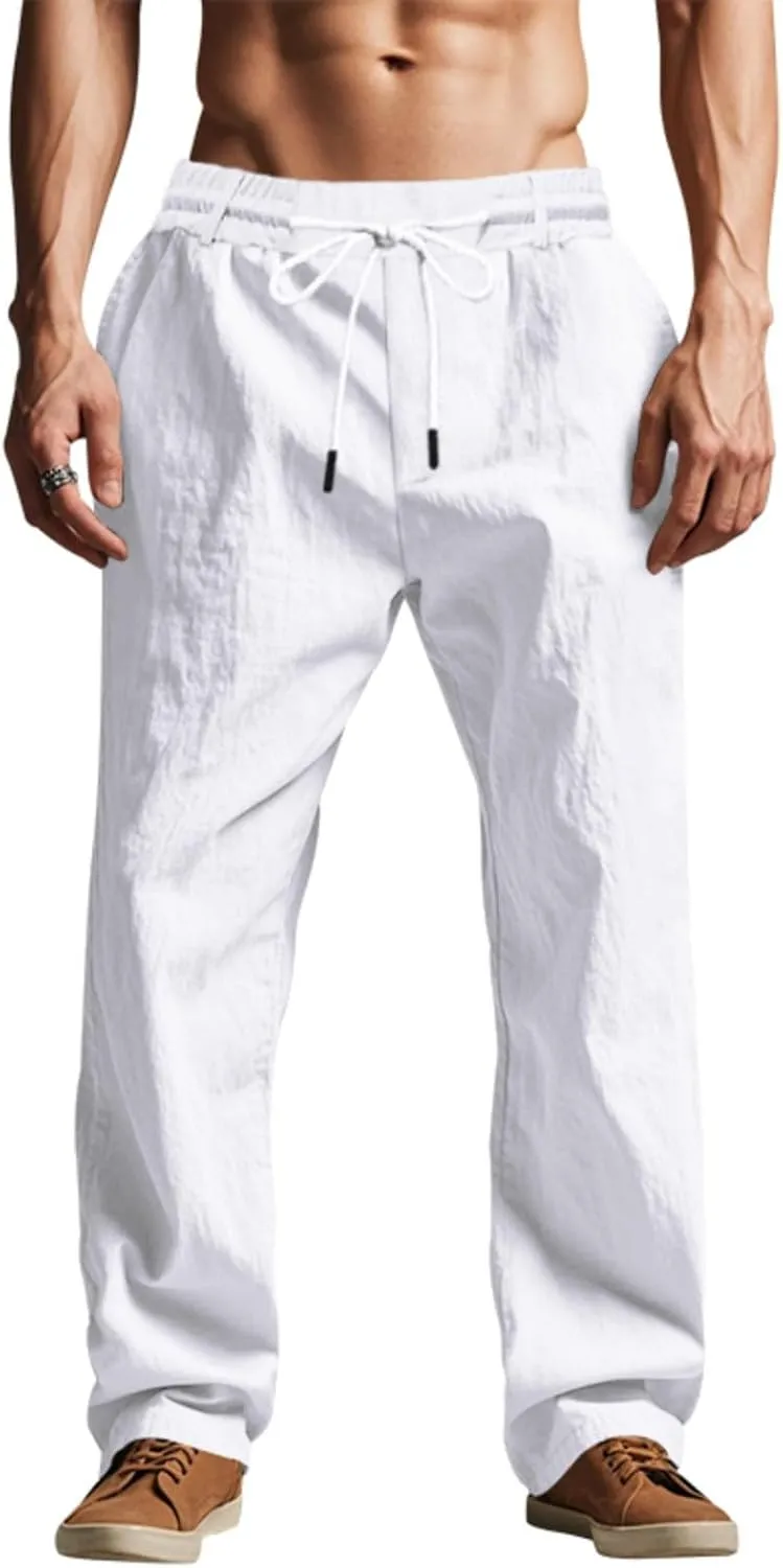 Finelylove Mens Linen Pants Elastic Waist Drawstring Lightweight Casual Pants Relaxed Fit Summer Beach Lounge Travel Trousers