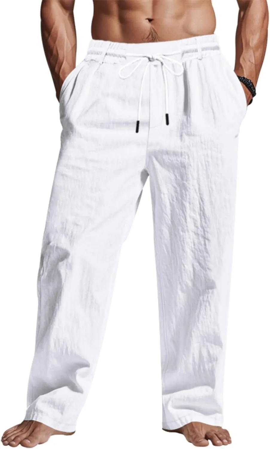 Finelylove Mens Linen Pants Elastic Waist Drawstring Lightweight Casual Pants Relaxed Fit Summer Beach Lounge Travel Trousers