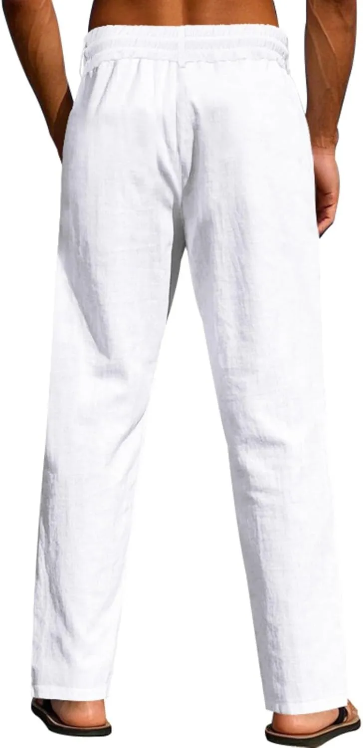Finelylove Mens Linen Pants Elastic Waist Drawstring Lightweight Casual Pants Relaxed Fit Summer Beach Lounge Travel Trousers