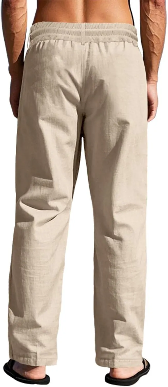 Finelylove Mens Linen Pants Elastic Waist Drawstring Lightweight Casual Pants Relaxed Fit Summer Beach Lounge Travel Trousers