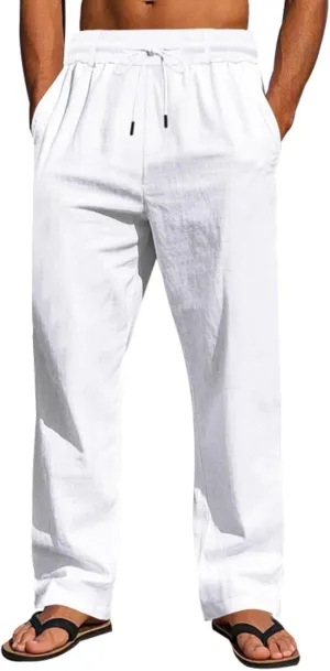 Finelylove Mens Linen Pants Elastic Waist Drawstring Lightweight Casual Pants Relaxed Fit Summer Beach Lounge Travel Trousers