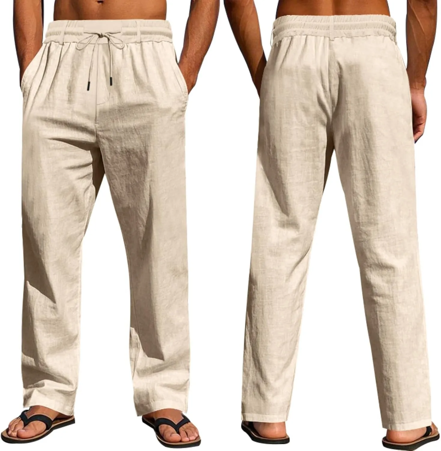 Finelylove Mens Linen Pants Elastic Waist Drawstring Lightweight Casual Pants Relaxed Fit Summer Beach Lounge Travel Trousers