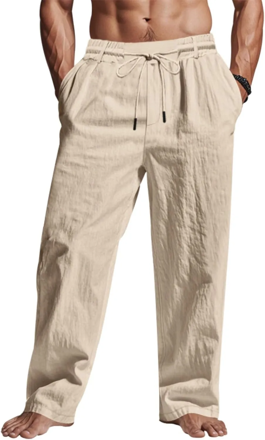 Finelylove Mens Linen Pants Elastic Waist Drawstring Lightweight Casual Pants Relaxed Fit Summer Beach Lounge Travel Trousers